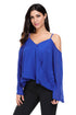 Sexy Royal Blue Cold Shoulder Overlap V Neck Long Sleeve Top
